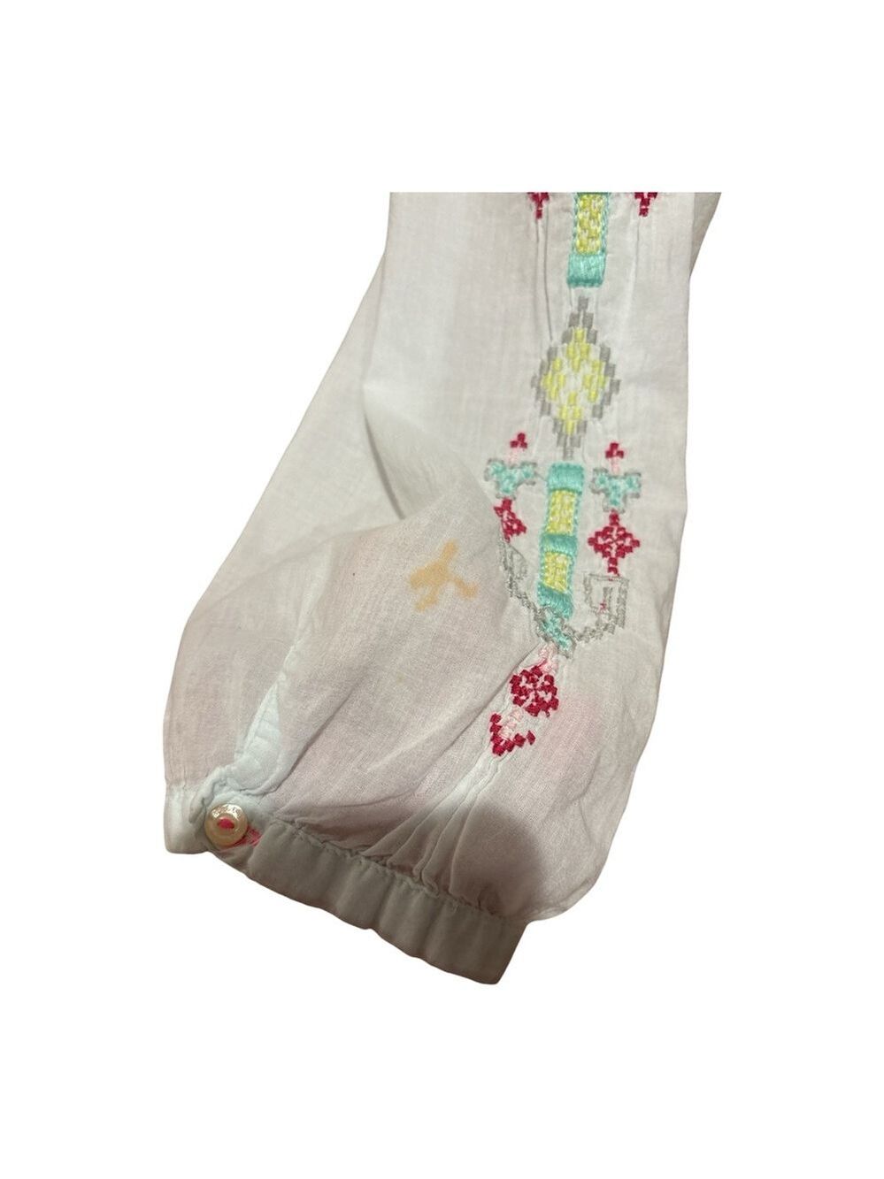 JOHNNY WAS 3 J WORKSHOP COTTON PASTEL BLUE W EMBROIDERED AZTEK PATTERN TOP SZ L - Picture 7 of 8